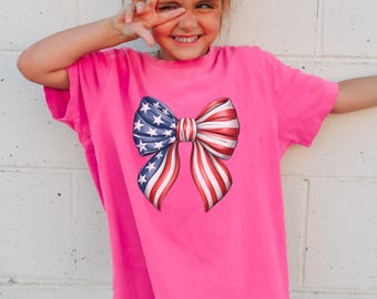 American Coquette Comfort Colors® Youth Tee for 4th of July, American Flag Bow Kids T-Shirt, Red White Blue Children's Top