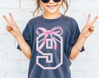 Ninth Birthday Pink Bow Comfort Colors® Youth Shirt, 9th Birthday Gift, Ninth Birthday Shirt for Girl, 9 Year Old Birthday Shirt Coquette