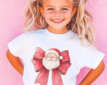 Christmas Bow Santa T-Shirt for Kids, Cute Holiday Graphic Tee, Festive Christmas Shirt for Girls, Santa Tee, Holiday Party Kids