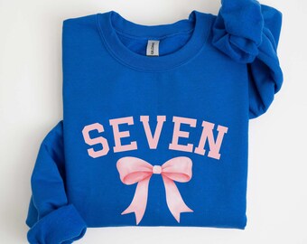 Seventh Birthday Kids Sweatshirt, 7th Bday Bow Coquette Shirt For Girls, Children's Birthday Crewneck, 7 Year Old Birthday Girl Gift