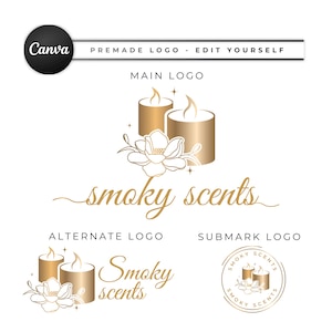 Puede incluir: Un diseño de logotipo con tres velas doradas con llamas, una flor de magnolia y las palabras "smoky scents" en cursiva. El diseño incluye variaciones de logotipo principal, alternativo y submarca, con el logotipo de Canva en la parte superior.