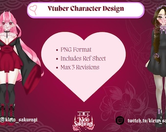 May include: Digital illustration of two anime-style VTuber character designs. One character has pink hair and a red and black outfit. The other has brown hair and a black dress. The image includes text: "Vtuber Character Design", "PNG Format", "Includes Ref Sheet", and "Max 3 Revisions".