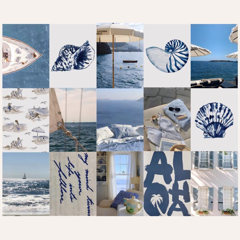 May include: A collage of images with a nautical theme. The images include a sailboat, seashells, a beach scene, a blue and white striped towel, a window with a view of the ocean, and the word "Aloha" written in blue.