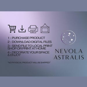 May include: A digital download graphic design with instructions on how to purchase, download, print, and decorate your space with the design. The design features a constellation of stars and the text "NEVOLA ASTRALIS".