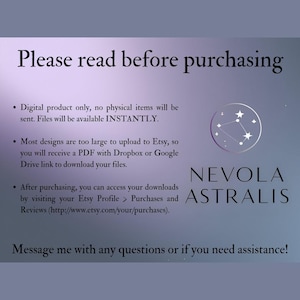May include: A digital product information sheet with a gradient purple background. The text reads "Please read before purchasing" and includes details about digital downloads, file availability, and accessing purchases. The shop name "NEVOLA ASTRALIS" is also displayed.