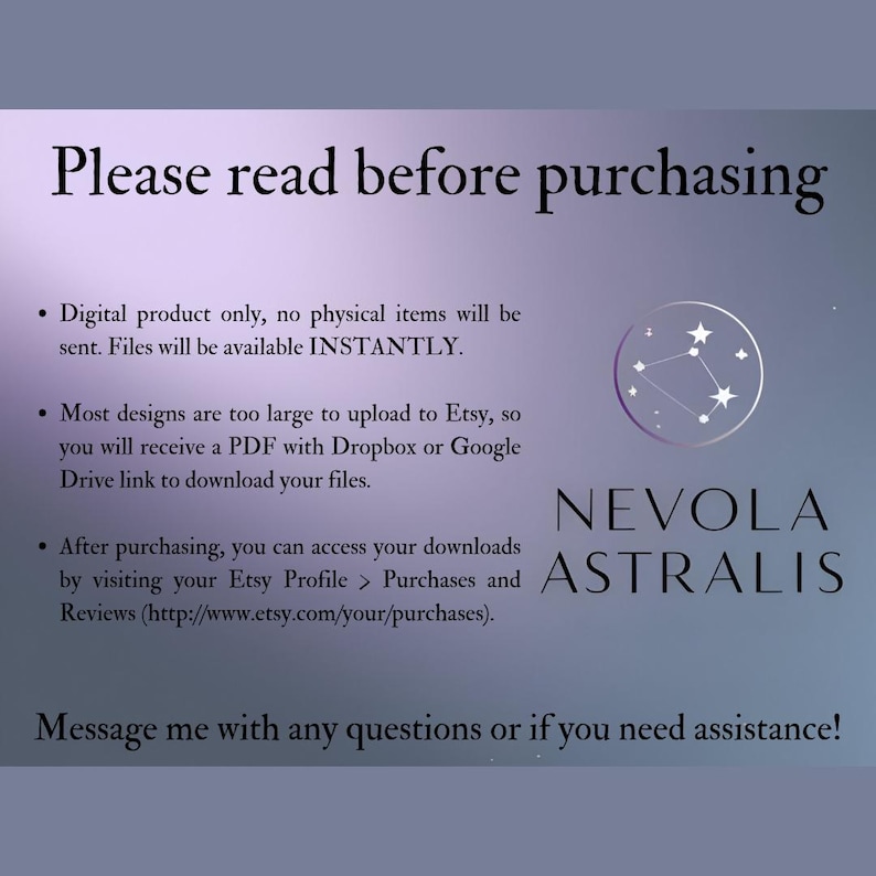 May include: A digital product information sheet with a gradient purple background. The text reads "Please read before purchasing" and includes details about digital downloads, file availability, and accessing purchases. The shop name "NEVOLA ASTRALIS" is also displayed.