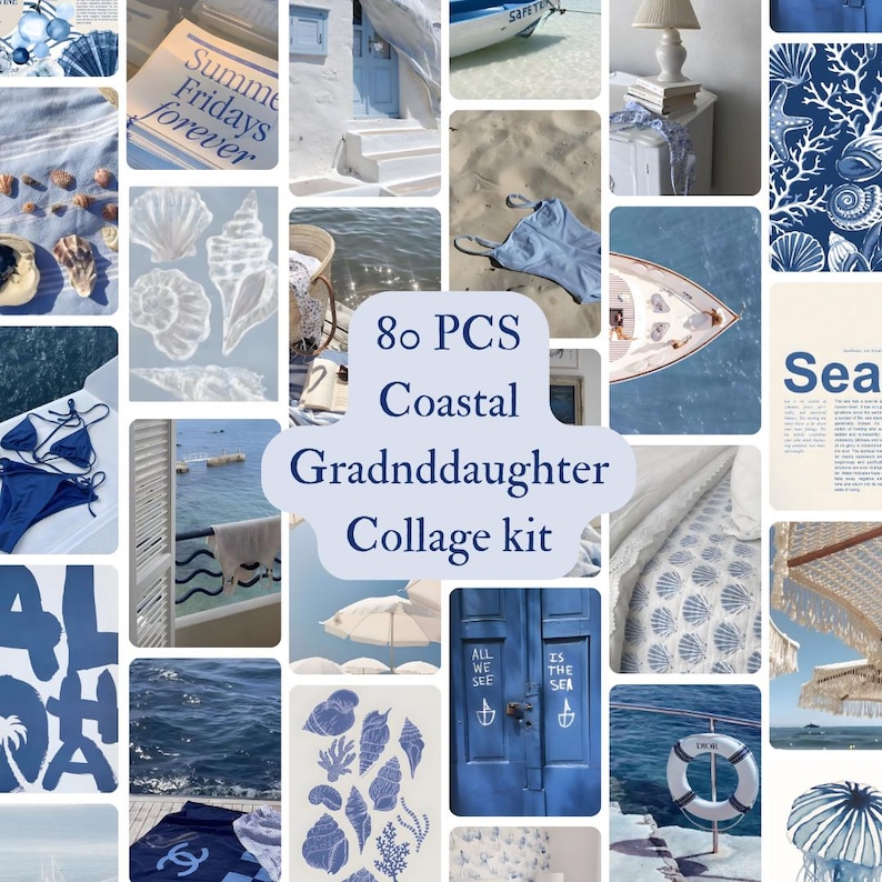 May include: A collage kit with 80 pieces featuring a coastal theme. The kit includes images of seashells, boats, beaches, and other coastal elements. The text "80 PCS Coastal Gradnddaughter Collage kit" is featured in the center of the collage.