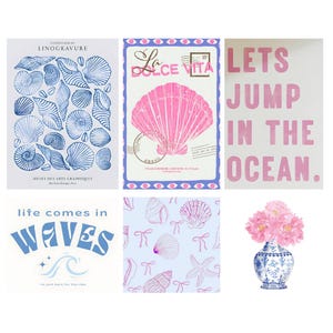 May include: A collage of six images with a beach theme. The top row features a blue and white illustration of seashells, a pink seashell with the text "La Dolce Vita" and a pink text graphic that says "Lets Jump In The Ocean.". The bottom row features a blue and white graphic that says "life comes in waves", a blue and white pattern of seashells and bows, and a blue and white vase with pink flowers.