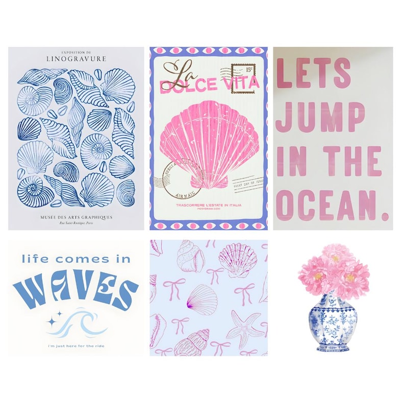 May include: A collage of six images with a beach theme. The top row features a blue and white illustration of seashells, a pink seashell with the text "La Dolce Vita" and a pink text graphic that says "Lets Jump In The Ocean.". The bottom row features a blue and white graphic that says "life comes in waves", a blue and white pattern of seashells and bows, and a blue and white vase with pink flowers.