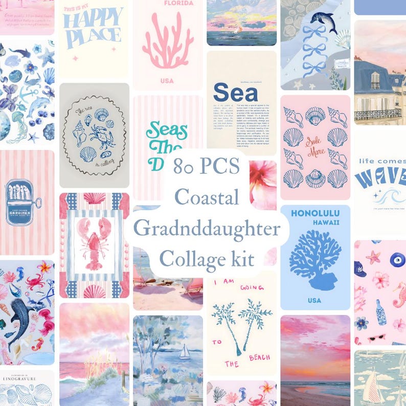 May include: A collage kit with 80 pieces of coastal-themed illustrations. The kit includes images of seashells, coral, a lobster, a sailboat, palm trees, and the text "Seas The D".