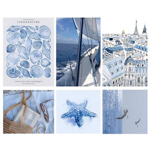 May include: A collage of images in shades of blue, featuring a sailboat on the ocean, a city skyline, a starfish, a beach scene with a book and a bag, and a poster for an exhibition of linogravure art at the Musee des Arts Graphiques.