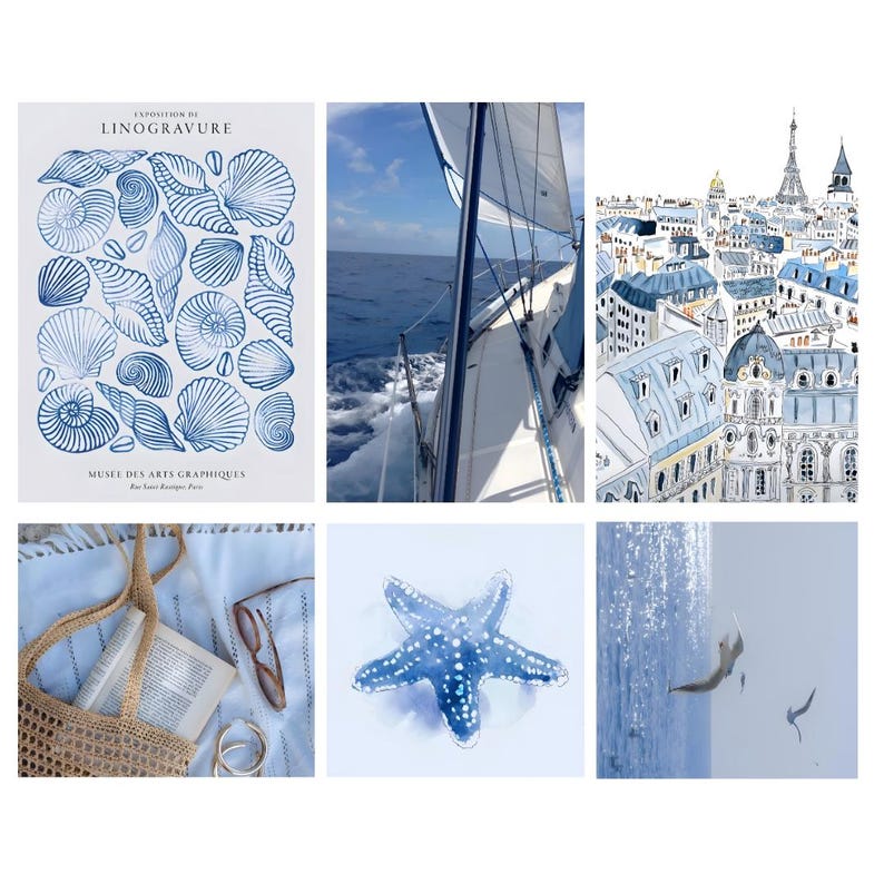 May include: A collage of images in shades of blue, featuring a sailboat on the ocean, a city skyline, a starfish, a beach scene with a book and a bag, and a poster for an exhibition of linogravure art at the Musee des Arts Graphiques.