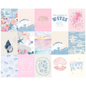 May include: A collage of 12 images with a beach and ocean theme. The images feature seashells, starfish, jellyfish, waves, boats, and text that says "Life is good", "It comes in waves", "Deep blue", "Salty Co", "The sea is calling", and "This is my happy place".