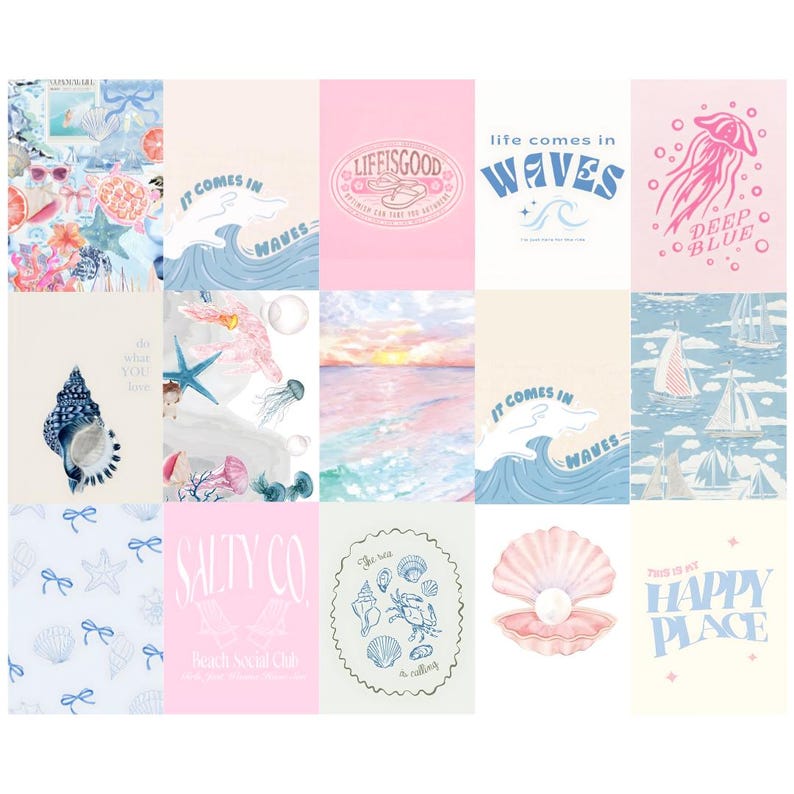 May include: A collage of 12 images with a beach and ocean theme. The images feature seashells, starfish, jellyfish, waves, boats, and text that says "Life is good", "It comes in waves", "Deep blue", "Salty Co", "The sea is calling", and "This is my happy place".