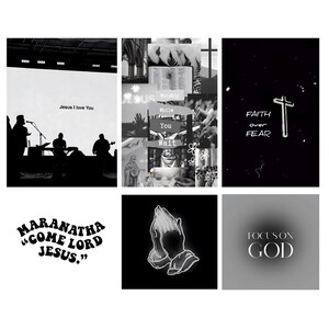 May include: A black and white collage of inspirational quotes and images related to faith and religion. The quotes include "Jesus I love You", "Worship While You Wait", "Faith over Fear", "Maranatha "Come Lord Jesus."", and "Focus on God".