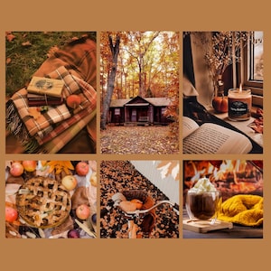 May include: A collage of autumnal images. Features a stack of books and a plaid blanket, a cabin in the woods, an open book with a candle, a pie with apples, a bicycle with a basket of pumpkins, and a hot chocolate.