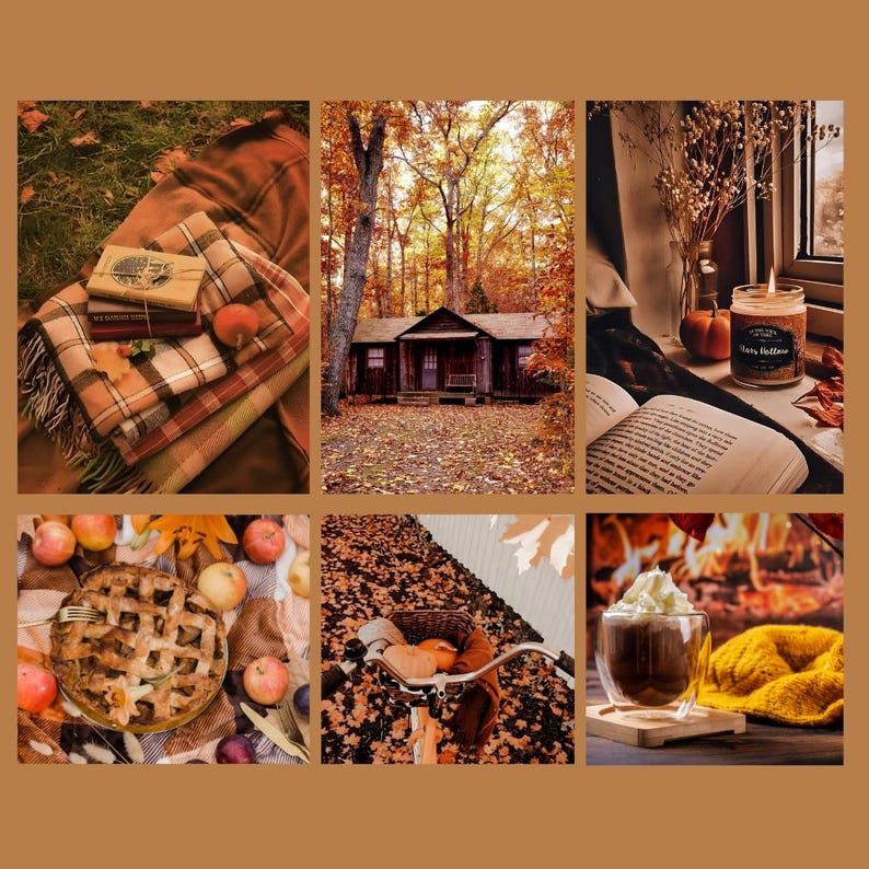 May include: A collage of autumnal images. Features a stack of books and a plaid blanket, a cabin in the woods, an open book with a candle, a pie with apples, a bicycle with a basket of pumpkins, and a hot chocolate.