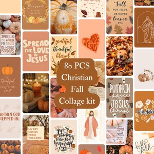 Op de afbeelding: Een collagekit met 80 stukken met een christelijk en herfstthema. De afbeeldingen bevatten pompoenen, bladeren en religieuze citaten. Het kleurenpalet is warm, met tinten oranje, bruin en beige.