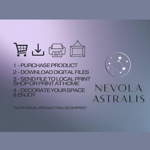 May include: A digital art graphic with instructions for purchasing and downloading files. The steps include purchasing, downloading, sending to a print shop, and decorating. The graphic includes the text "Nevola Astralis" and a constellation design.