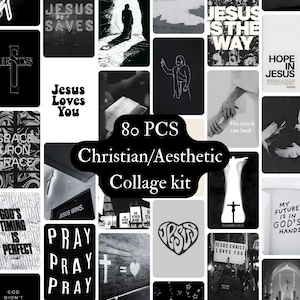 May include: A collage kit of 80 black and white images with Christian themes. The images include text such as "Jesus Saves", "Jesus is the Way", "Hope in Jesus", "God's Timing is Perfect", "Pray", and "Jesus Christ Loves You".