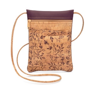 Cork Cross Body Bag, Mini, Wine Floral Print + Faux Leather