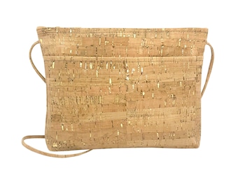 Handgemaakte crossbodytas van goudgespikkeld kurk: USA Crafted, boven- en voorvak met ritssluiting