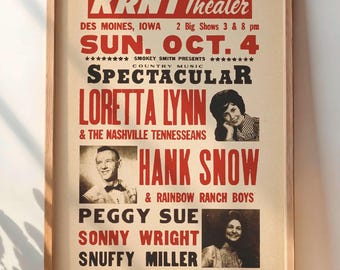 Loretta Lynn & Hank Snow 1970 Des Moines Konzert Poster - Vintage Country Musik Wandkunst - DIGITAL - Sehr selten