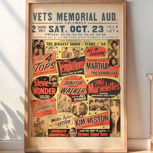 Póster vintage de concierto de Stevie Wonder, The Temptations, 1965, arte mural digital de R&B, soul y funk, impresión de recuerdos de rock retro, decoración musical para pared.