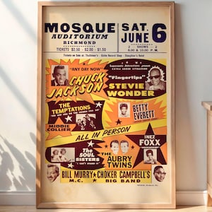 Póster vintage del concierto de Stevie Wonder, Temptations (1964), arte mural digital de R&B, soul y funk, impresión de recuerdos de rock retro, decoración musical para pared.