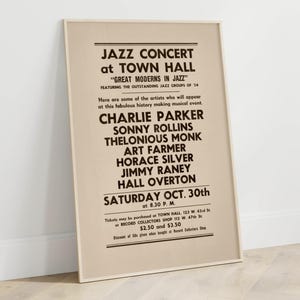 Rare Vintage Jazz Poster, Charlie Parker, Thelonious Monk Town Hall Concert 1954, Jazz Music Memorabilia, DIGITAL PRINTABLE