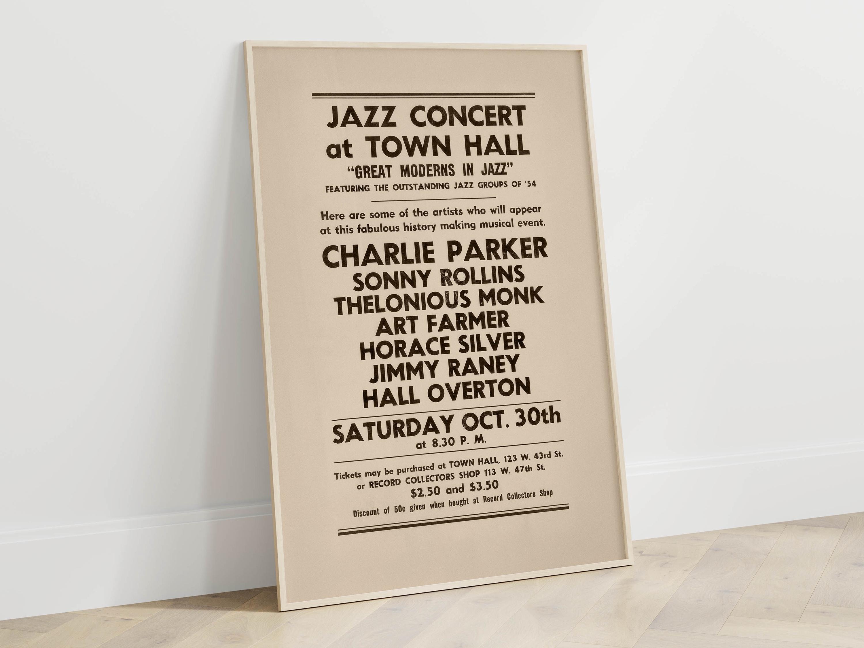 Rare Vintage Jazz Poster, Charlie Parker, Thelonious Monk Town Hall Concert 1954, Jazz Music Memorabilia, DIGITAL PRINTABLE