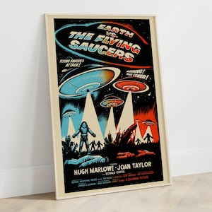 Retro Sci-Fi Movie Poster, DIGITAL, Earth vs. the Flying Saucers 1956, Vintage Pulp Art Print, Old Hollywood Wall Decor, Cult Film, Campy
