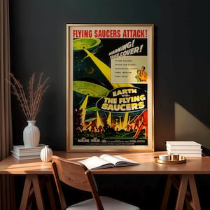 Retro Sci-Fi Movie Poster, DIGITAL, Earth vs. the Flying Saucers 1956, Vintage Pulp Art Print, Old Hollywood Wall Decor, Cult Film, Campy