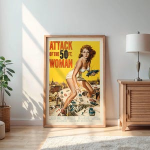 Retro Sci-Fi Movie Poster, Attack of the 50 Foot Woman 1958, DIGITAL Vintage Pulp Art Print, Old Hollywood Wall Decor, Cult Film, Campy