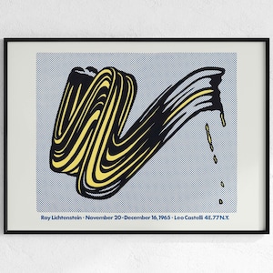 May include: Framed art print featuring a pop art style abstract design in black and yellow against a blue dotted background. The artwork includes the text "Roy Lichtenstein • November 20-December 16, 1965 • Leo Castelli 4E.77 N.Y."
