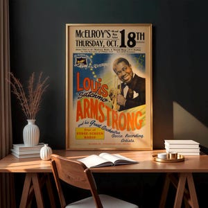 Seltenes Vintage Jazz Poster, Louis Armstark 1954 Konzert, Jazz Musik Erinnerungsstücke, DIGITAL DRUCKBAR