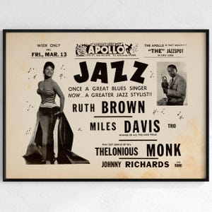 Miles Davis, Thelonious Monk, Ruth Brown 1959 Apollo Theater konsertaffisch - Mycket sällsynt - Digital jazzväggkonst