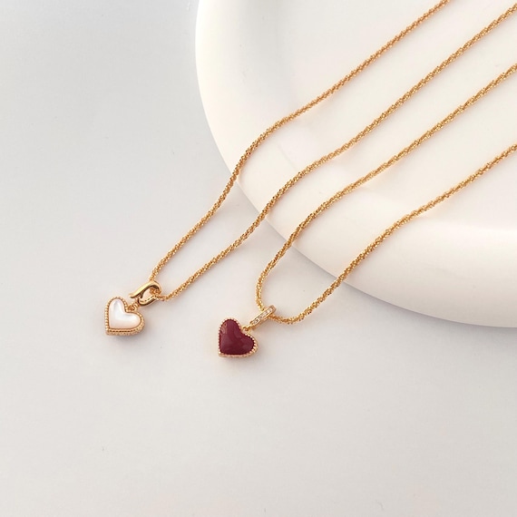 Reversible Heart Pendant Necklace: Red & White Enamel, Gold-Plated | Valentine Gift | Gift For Her