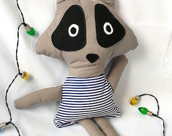 Handmade decorative plush raccoon, Raccoon ragdoll animal, kawaii plushie, funny animal, woodland whimsy, cuddly animal, Forest stuffed doll