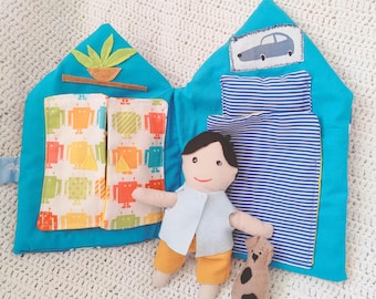Fabric dollhouse kit, house with dress up doll boy and clothes, Travel doll house with boy doll and dresses, doll with house and accessories