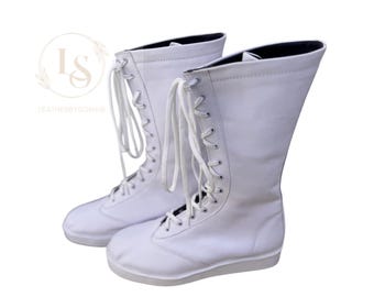 Men’s White Wrestling Boots | Custom Handmade Pro Wrestling Shoes | Tall Lace Up Wrestling Shoes with Rubber Sole | Performance Boots