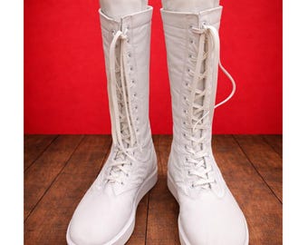Stivali da wrestling bianchi da uomo / Stivali alti con suola in gomma / Stivali da wrestling personalizzati / Stivali da wrestling bianchi lunghi fatti a mano / Scarpe con lacci