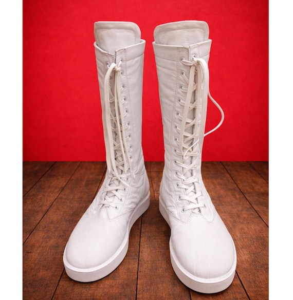 Men White Wrestling Boots | Tall Boots With Rubber Sole | Custom Wrestling Boots | Handmade White long Wrestling Boot | Lace Up Shoes