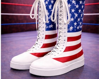 Tall Wrestling Boots American Flag Design | Pro Ring Boots | Lace Up Leather Wrestling Shoes | Custom Patriotic Fight Boots