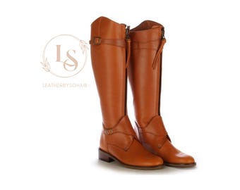 Stivali da equitazione in pelle marrone fatti a mano / Stivali da equitazione alti fino al ginocchio / Stivali alti marroni con cerniera per uomo e donna / Regalo per il marito