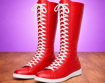 Custom Handmade Red Wrestling Boots | Professional Ring Boots for Men & Women | High-Top Lace-Up Wrestling Footwear | Gift for Husband