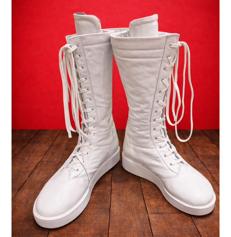 Men White Wrestling Boots | Tall Boots With Rubber Sole | Custom Wrestling Boots | Handmade White long Wrestling Boot | Lace Up Shoes image 9