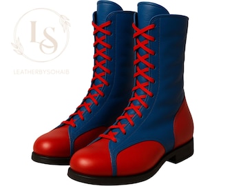 Custom Wrestling Shoes for Men | Handmade Red & Blue Leather Wrestling Boots | Personalized Lace-Up Combat Ring Gear | Pro Wrestling Gear