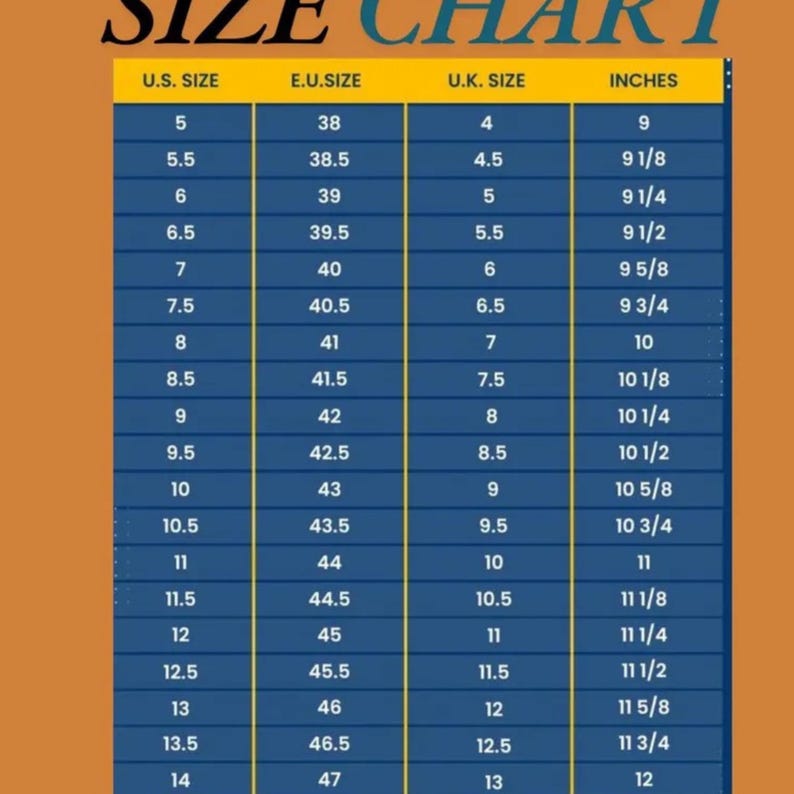 May include: A shoe size chart showing US, EU, UK, and inch sizes. The chart is on a blue background with white text.