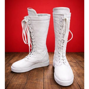 Men White Wrestling Boots | Tall Boots With Rubber Sole | Custom Wrestling Boots | Handmade White long Wrestling Boot | Lace Up Shoes image 3